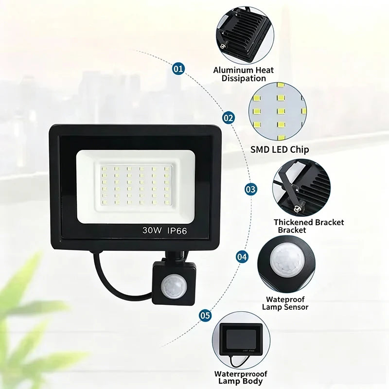 projecteur led 220v 10w 20w 30w 50w 100w ip66 étanche moderne noir sensor rotation
