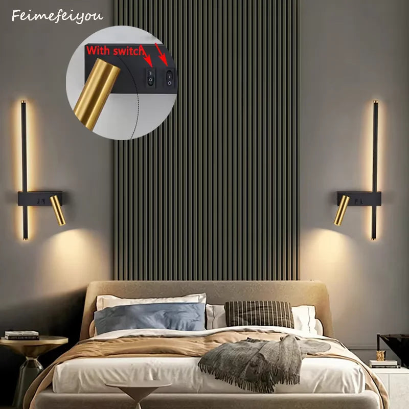 lampe murale moderne minimaliste noir interrupteur bouton chambre entrée étude fixée mur LED