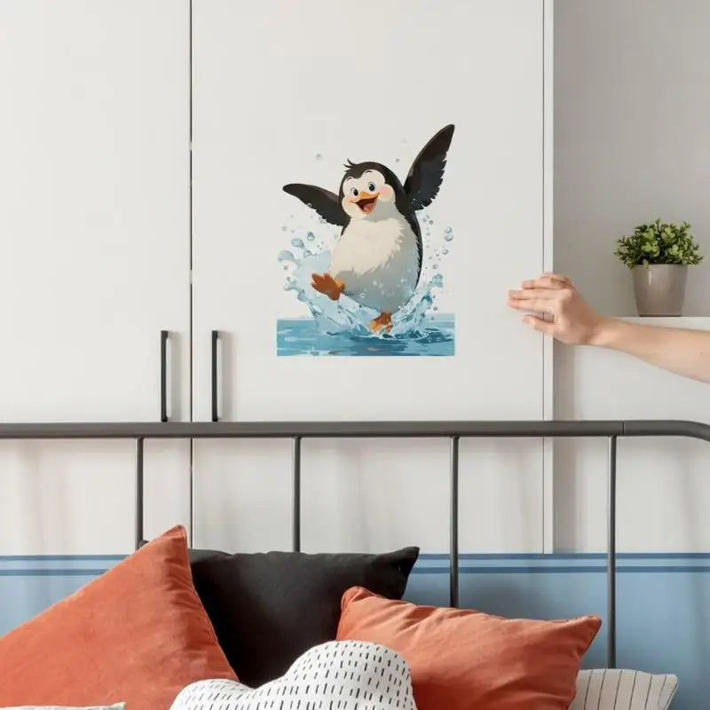 autocollant mural cartoon pingouin adhésif noir blanc gris bleu orange salle bain moderne pvc