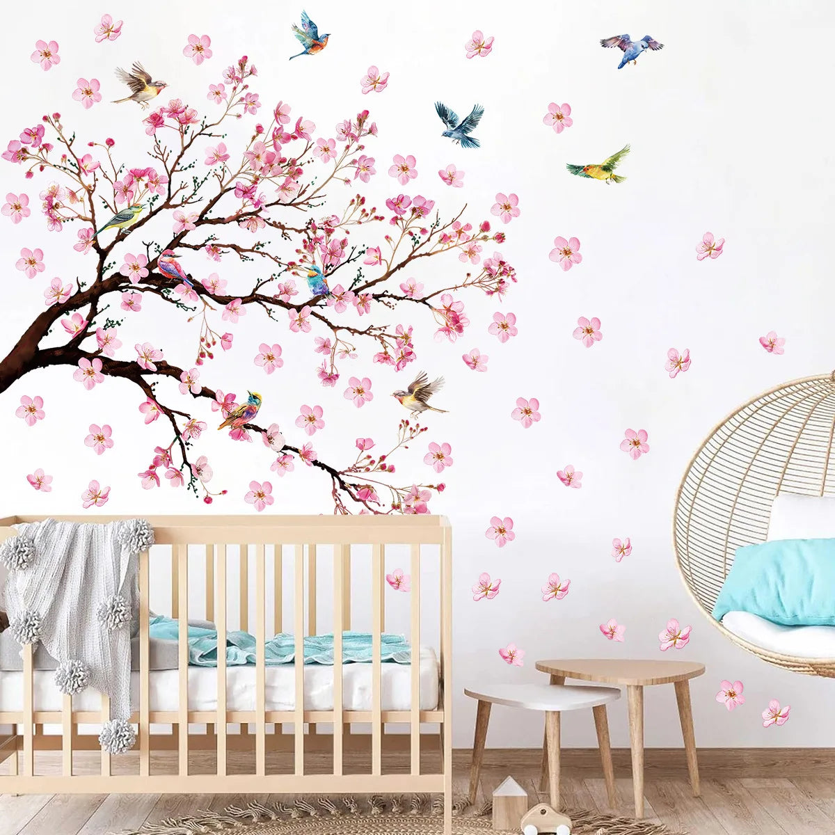 sticker mural fleur oiseau art floral deco chambre enfant deco maison bébé rose vert