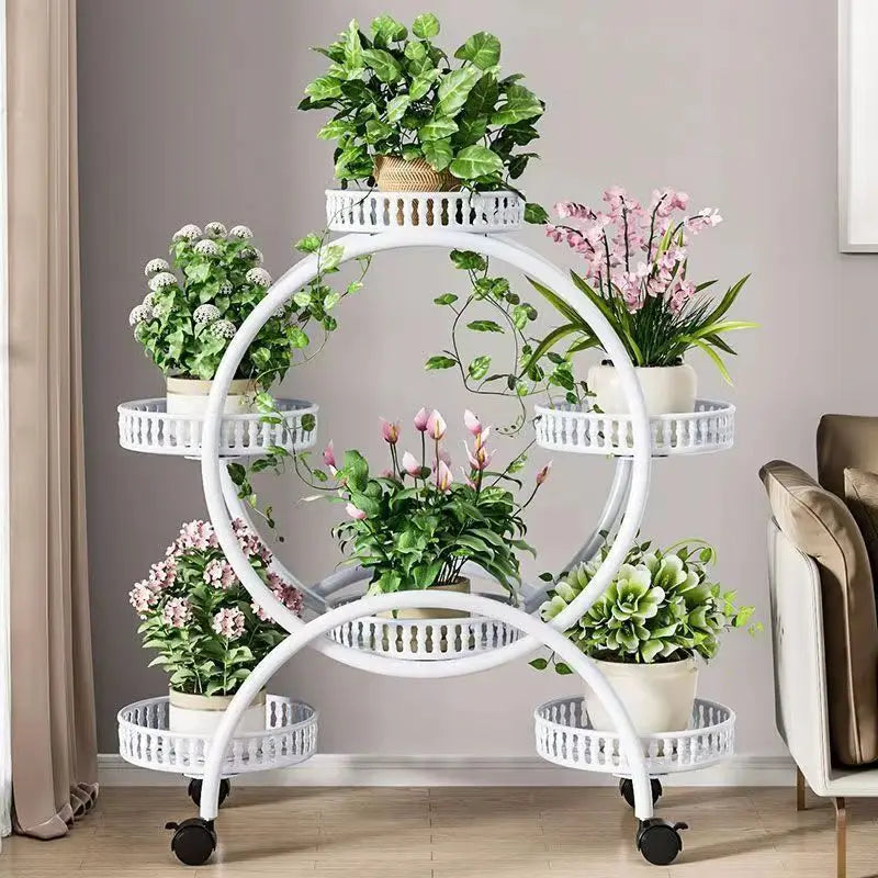 meuble plantes moderne blanc marron doré ajouré barreaux verticaux roulette grille bord relevé