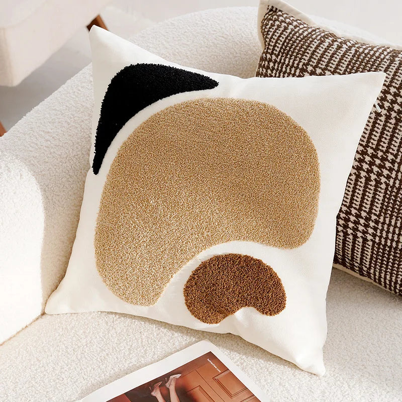 taies d'oreiller patchwork contemporain coussin carré blanc noir marron géométrique arrondi non toxique respectueux