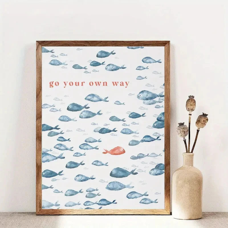 affiche murale poissons bleus fond blanc texte rouge moderne minimalisteintérieur extérieur salon chambre 21x30cm