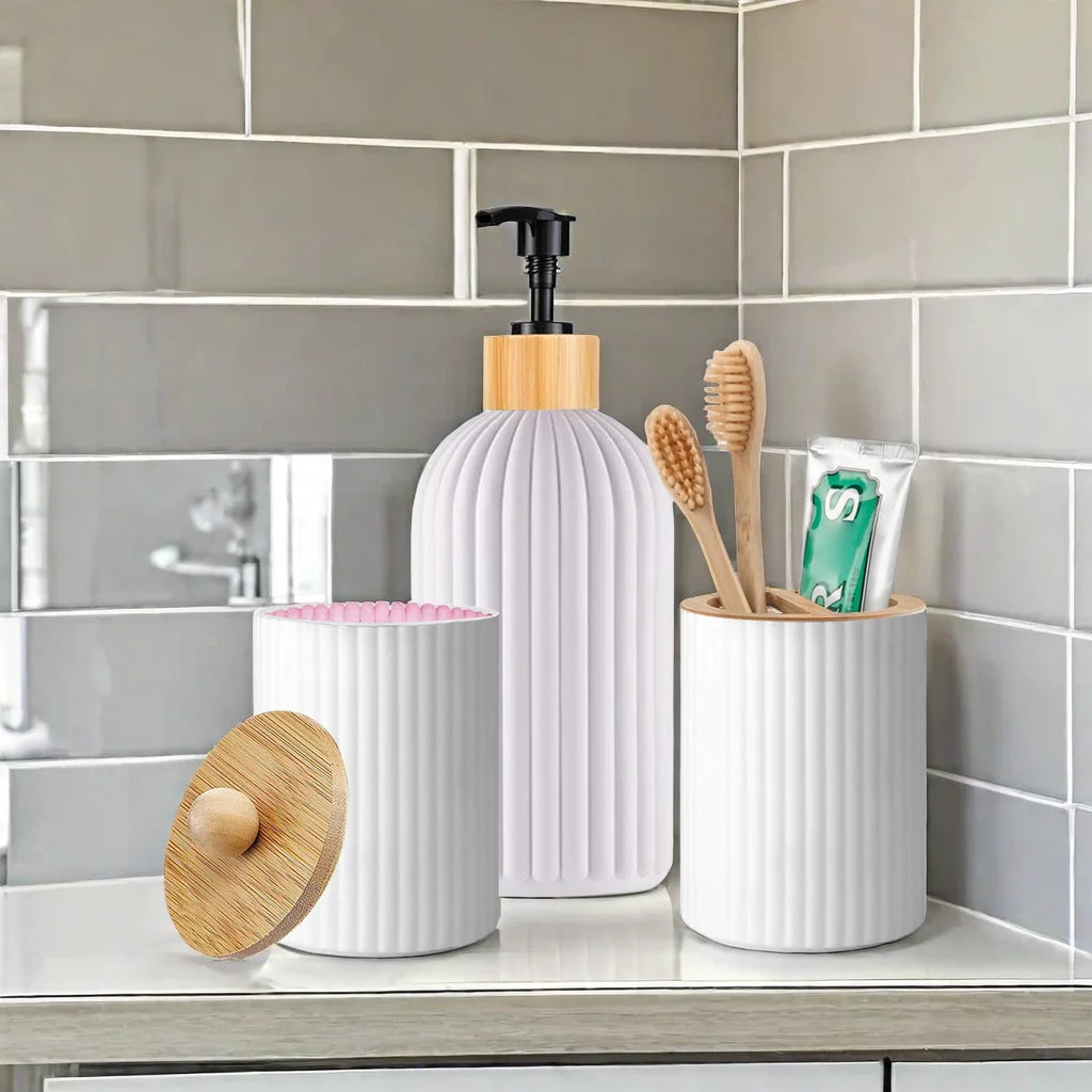 ensemble produits salle bain moderne flacon savon pot coton tige pot brosse dents brosse