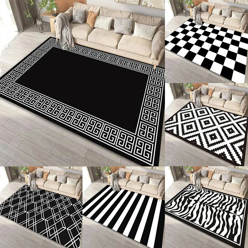 tapis sol moderne noir blanc motif géométrique rayures carreaux salon chambre décoratif polyester