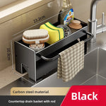 organisateur évier drainage vaisselle argenté moderne serviettes éponges brosses flacons minimalistes