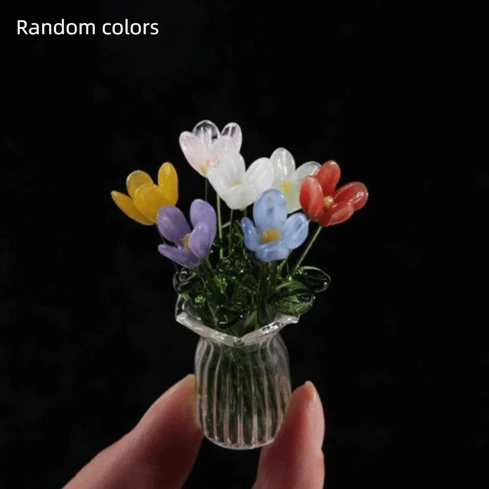 bouquet artificiel violet jaune vert blanc bleu orange feuilles vertes miniature vase transparent six