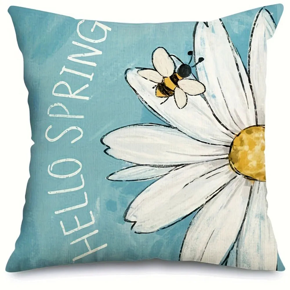 housse coussin polyester motif fleur bleue moderne texte printemps coussins différentes tailles