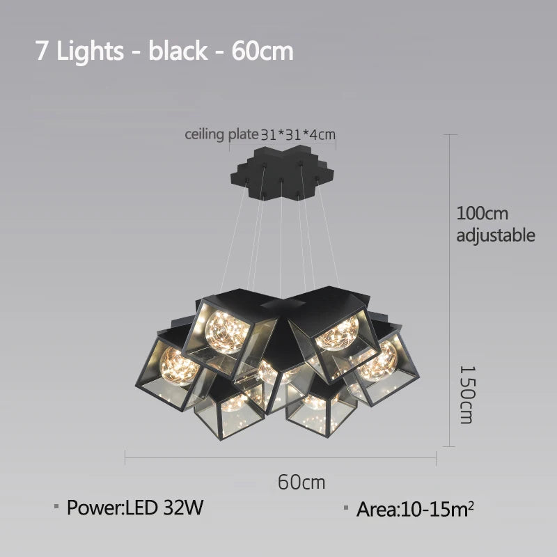lampe suspendue moderne cubiques géométriques noir blanc chaînes interrupteur tactile chambre salon