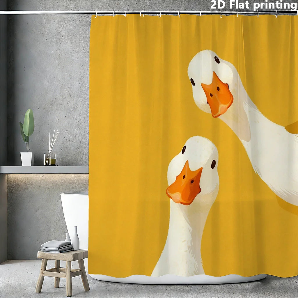 rideau douche jaune oiseaux canards illustration 2d anneaux métalliques opacité dessin animé salle bain