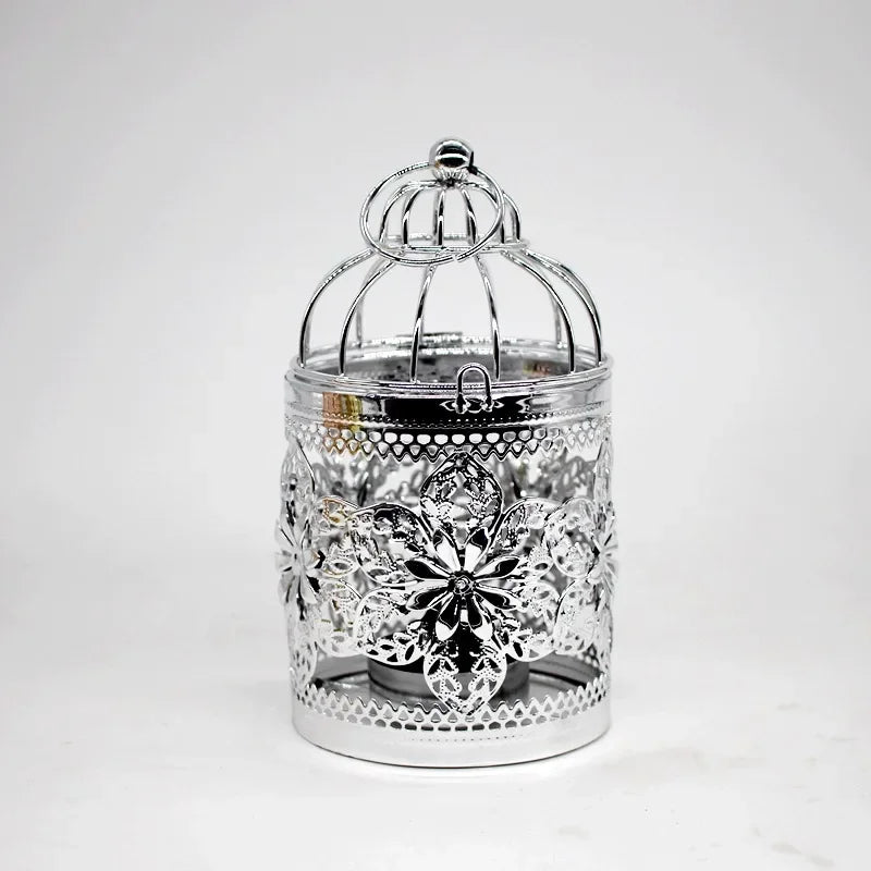 cage oiseaux ornements floraux ajourée artisanale élégante anneaux suspendus décoration maison or argent noir