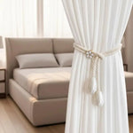 rideaux rubans tissés blanc gris élégants modernes boutons pompons sans perçage
