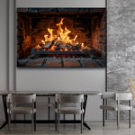 tableau mural feu cheminée noir orange réeliste brique bois meubles décoration intérieure