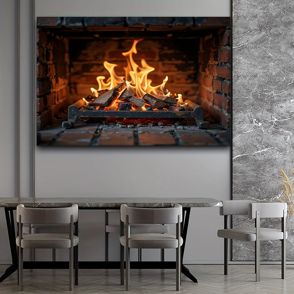 tableau mural feu cheminée noir orange réeliste brique bois meubles décoration intérieure