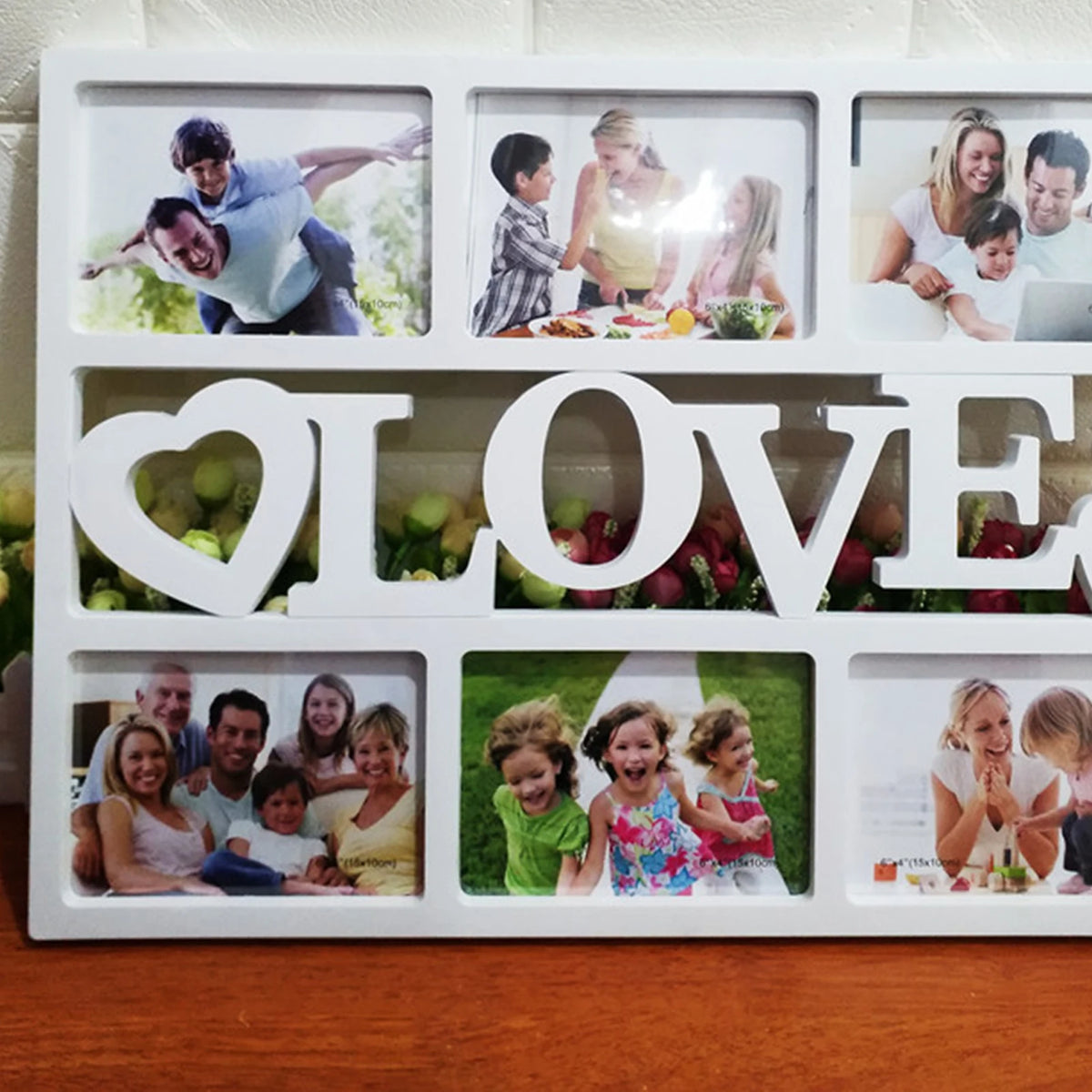 cadre photo multiple six ouvertures decoratif blanc noir motifs coeurs love family