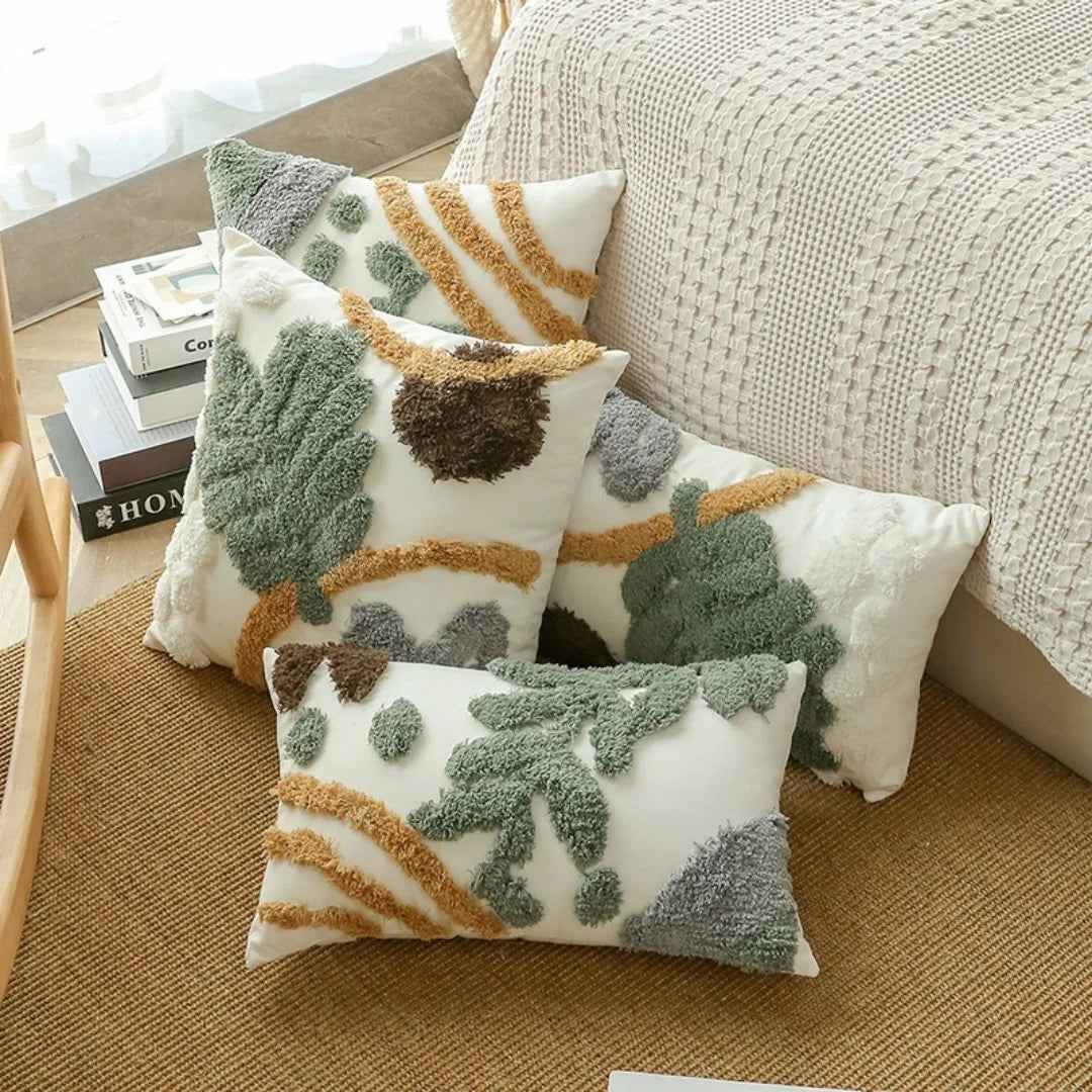 housse coussin décoratif feuilles brodées polyester coton blanc vert marron gris 30x50cm 45x45cm salon