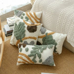 housse coussin décoratif feuilles brodées polyester coton blanc vert marron gris 30x50cm 45x45cm salon
