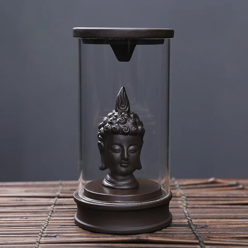 diffuseur encens bouddha verre transparent sculpture tête noir beige minimaliste
