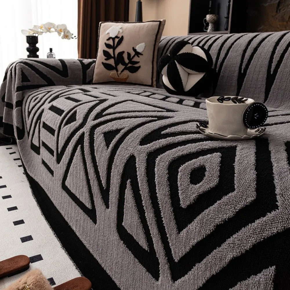 couverture canapé moderne gris foncé beige motif géométrique triangles élégante extérieure intérieure