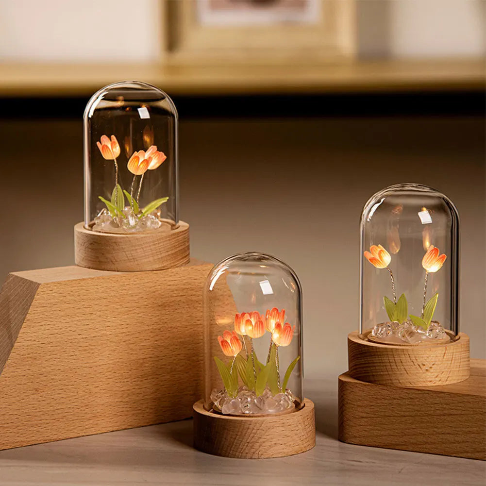 lampe décorative tulipe fleurs feuilles verre transparent base bois moderne minimaliste led ambiance chambre