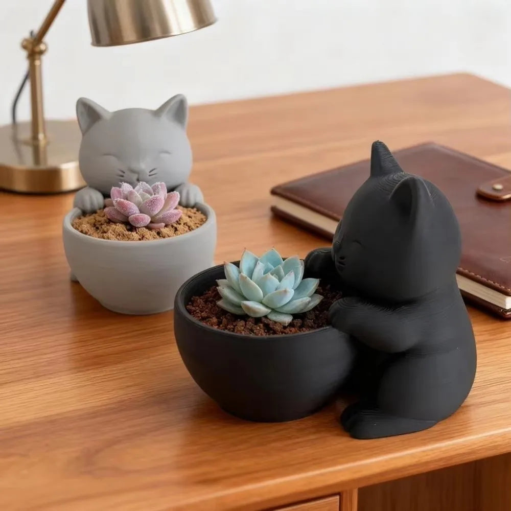 cache pot forme chat gris blanc texture bois moderne plante succulente minimalisteintérieur decoration