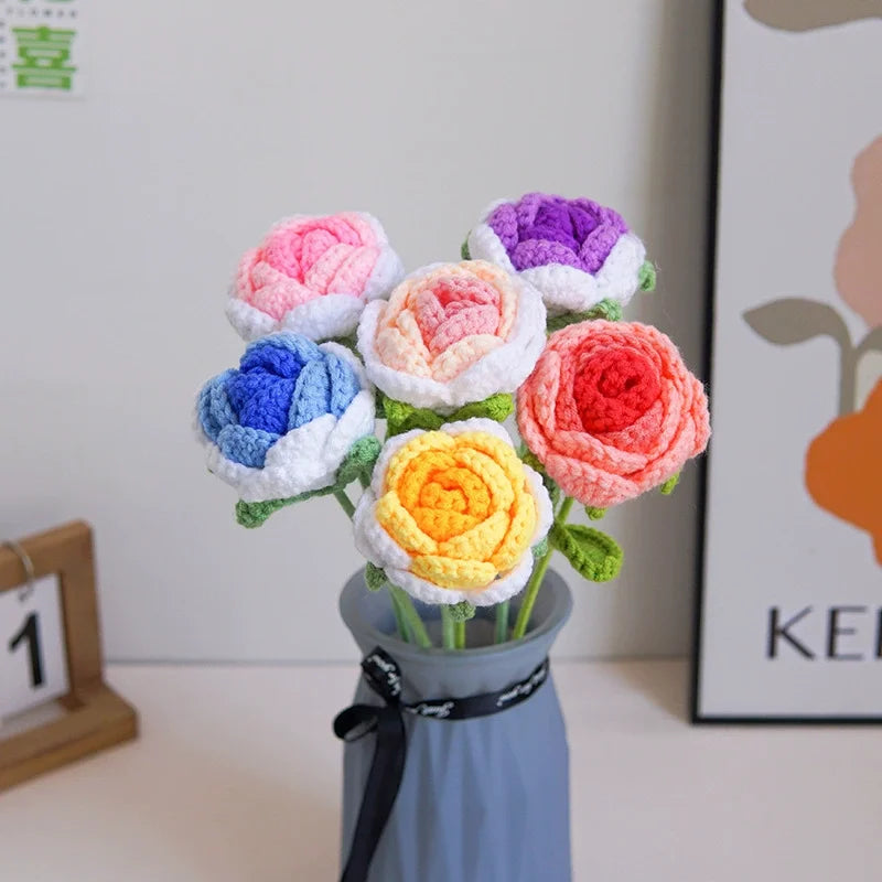 bouquet fleurs tricotées fait main roses artificielles décoration maison cadeau anniversaire mariage rustique