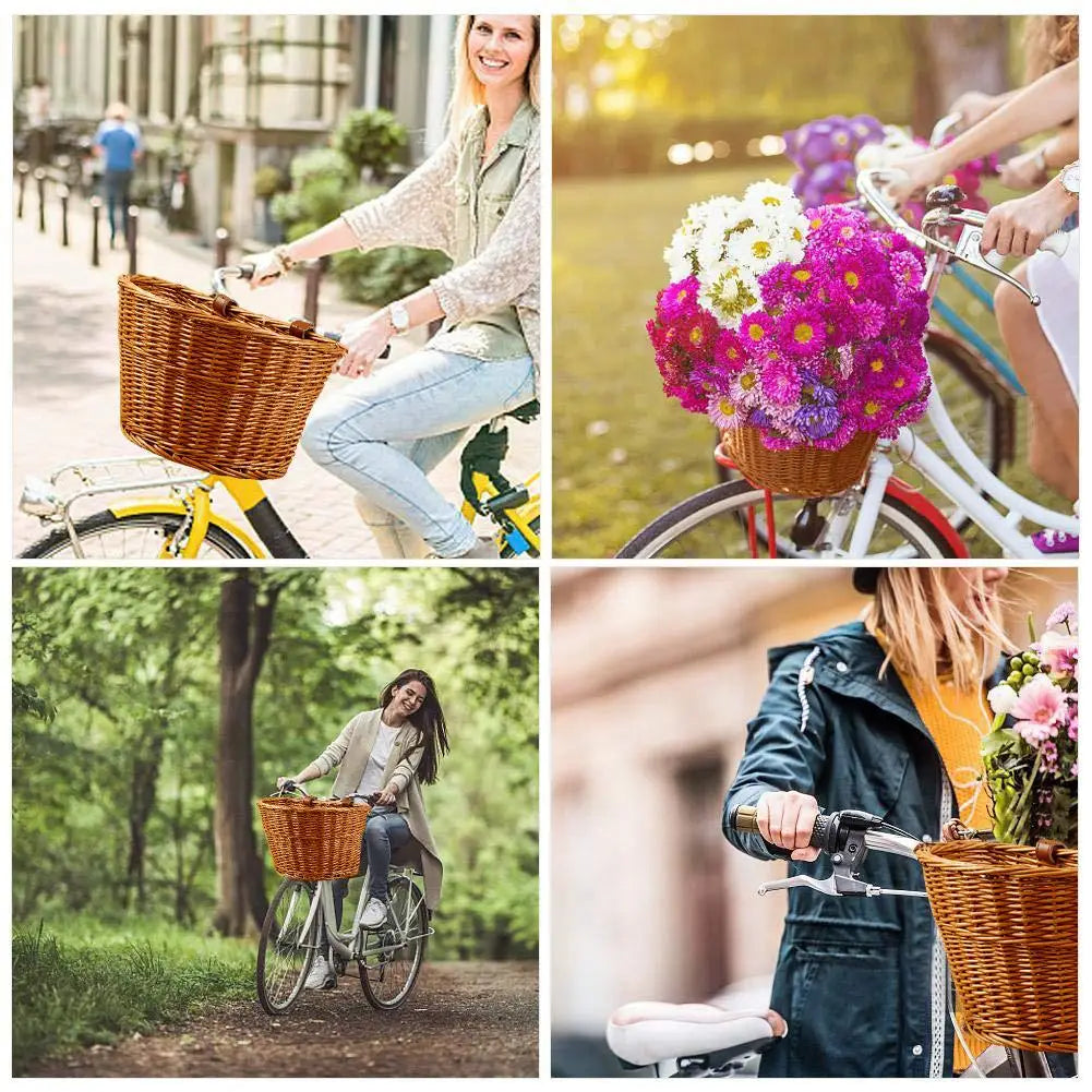 panier vélo osier tressé rustique vintage sangles cuir boucles métalliques grandes dimensions capacité fleurs
