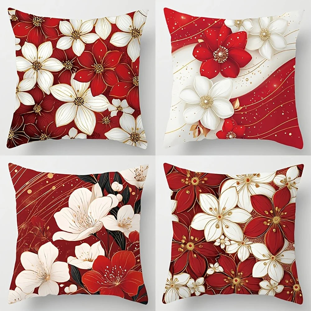 taies d'oreiller fleurs rouges blanches moderne opaques lit décoration maison 45x45cm adhésif