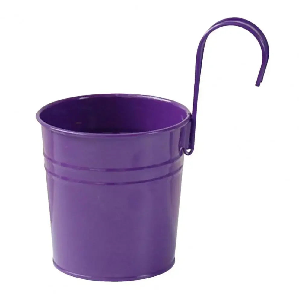 Pots fleurs suspendus vintage couleurs rose bleu jaune violet orange anneaux métalliques retouches