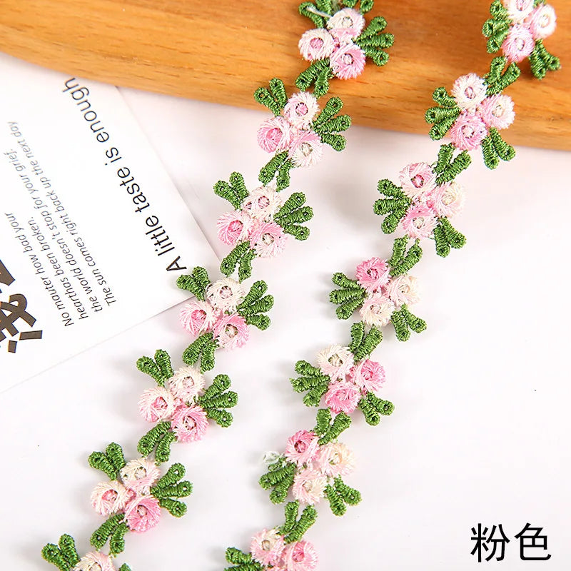 ruban decoratif brode fleurs feuilles 2cm largeur vert rose bleu orange mariage decoration ecologique