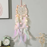 attrape rêves boho plumes pompons lune étoile motif chat violet rose pastel