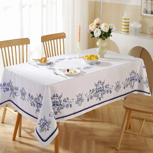 nappe table blanche bleue motifs floraux été classique moderne réutilisable polyester maison salle manger