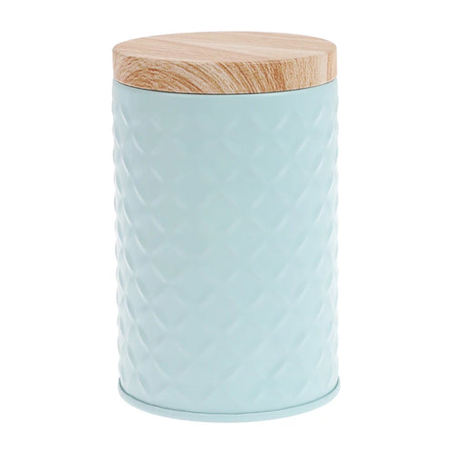 contenants stockage métal rose pot épices couvercles bois bleu clair minimaliste