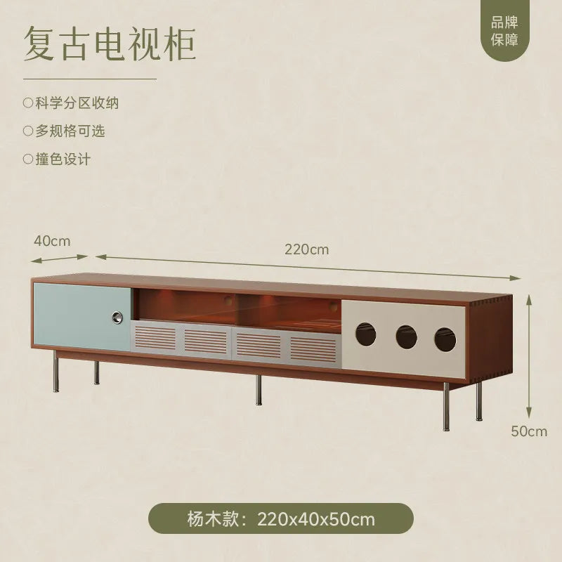 meuble bas tv console mid century bois tiroir étagère murale transparente