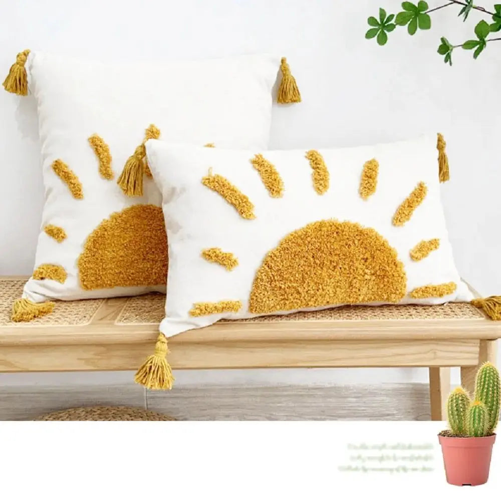 taies d'oreiller boho chic motif soleil doré brodé texture épaisse 45x45cm blanc decoration maison