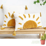 taies d'oreiller boho chic motif soleil doré brodé texture épaisse 45x45cm blanc decoration maison