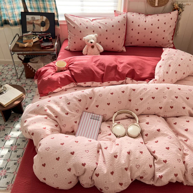 ensemble literie fleuri rose bleu marron clair coeurs taies d'oreiller housses couette doux moderne