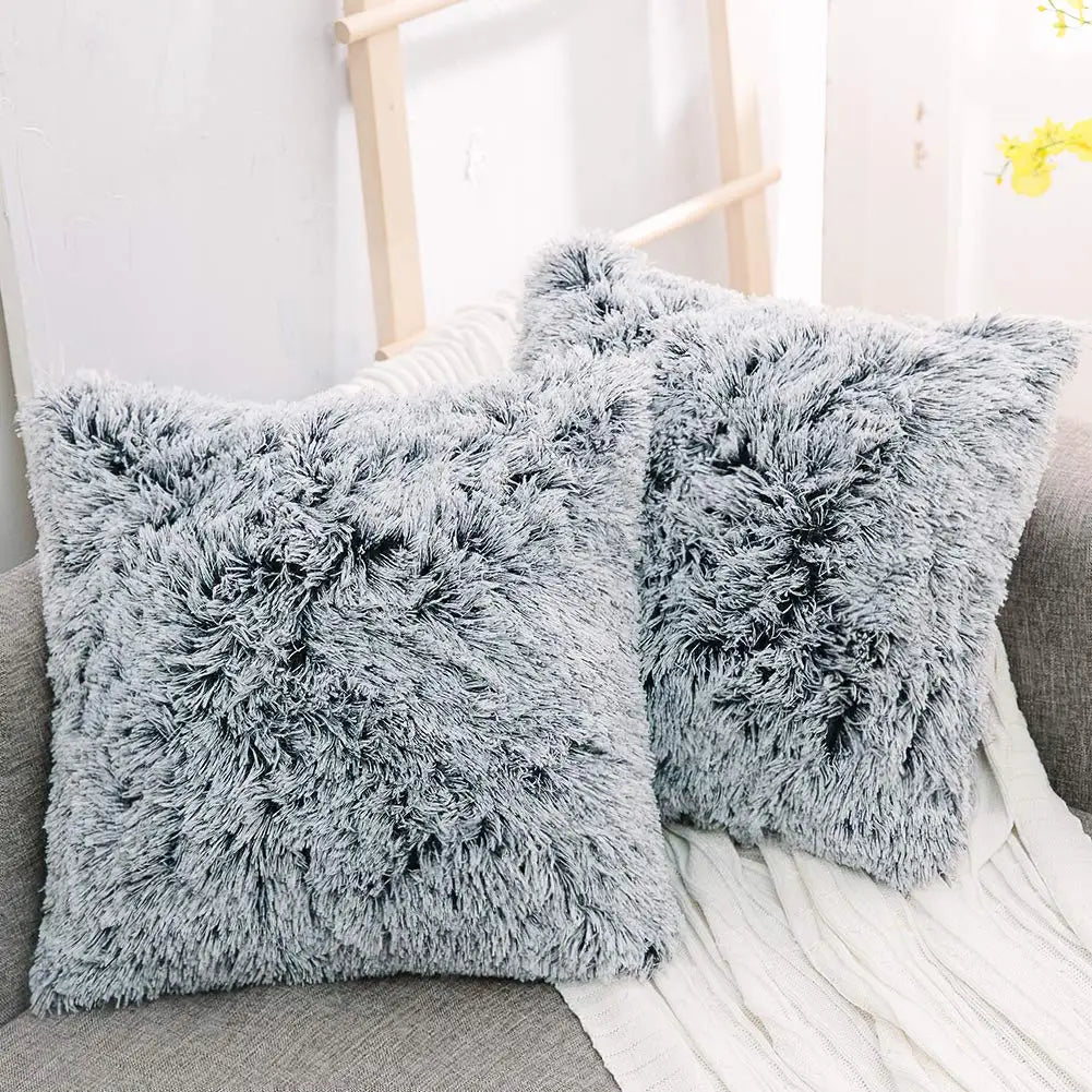 housse coussin fourrure polyester gris bleu violet doux carré décoratif salon voiture lit