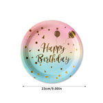 assiettes jetables rose bleu doré happy birthday confettis dorés serviettes verres festifs anniversaire mariage