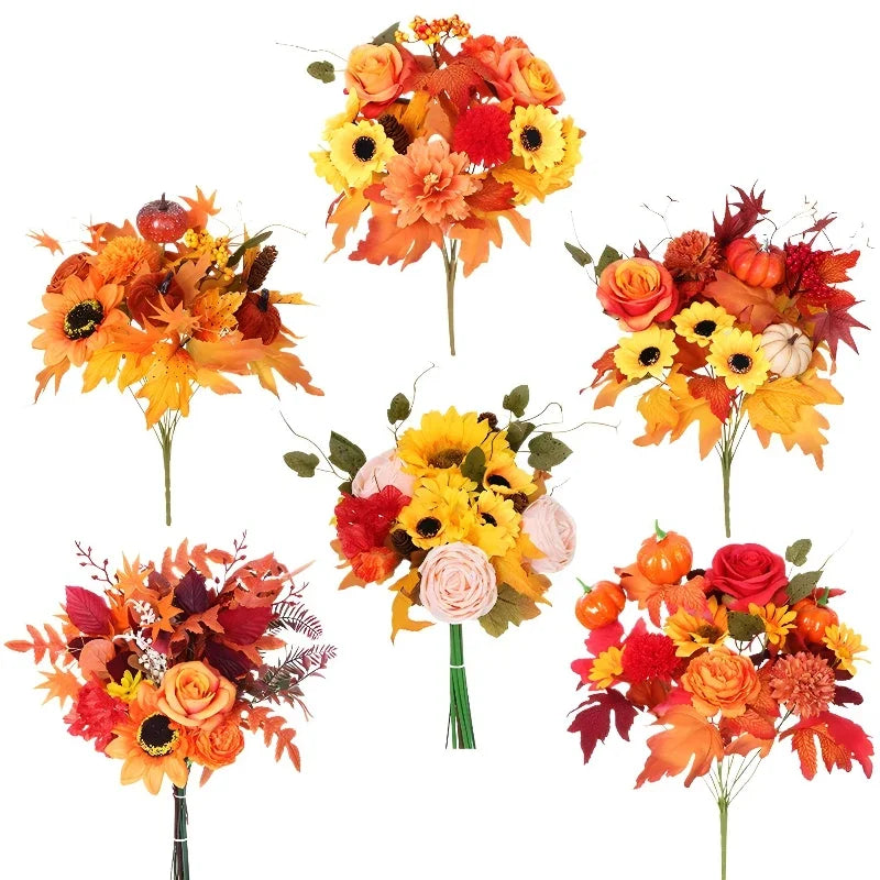 décoration intérieure bouquet fleurs artificielles automnales orange rouge vert noël halloween rustic