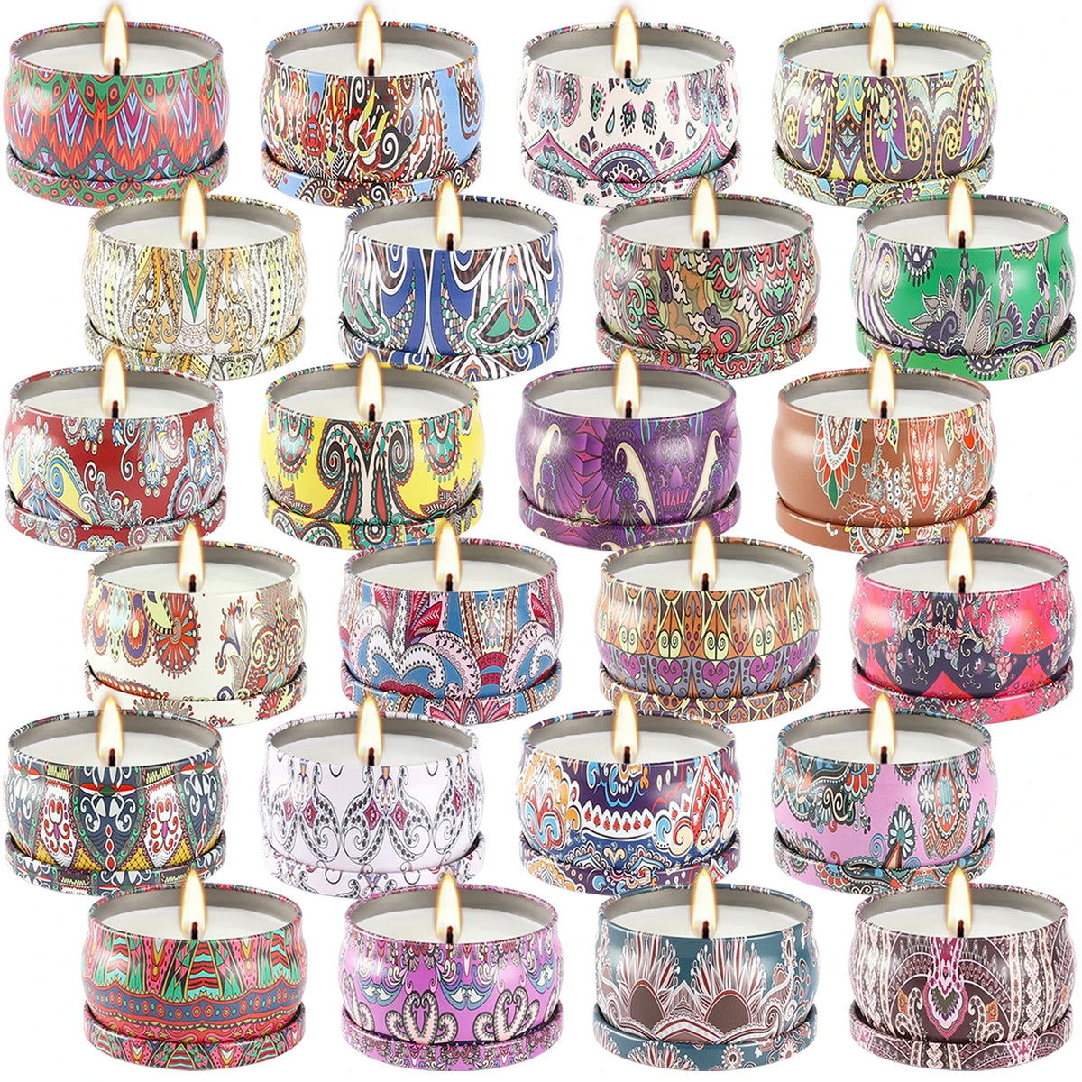 bougies parfumées formes florales multicolores motifs géométriques boho chic opaques tringle inclusion boîte rangement