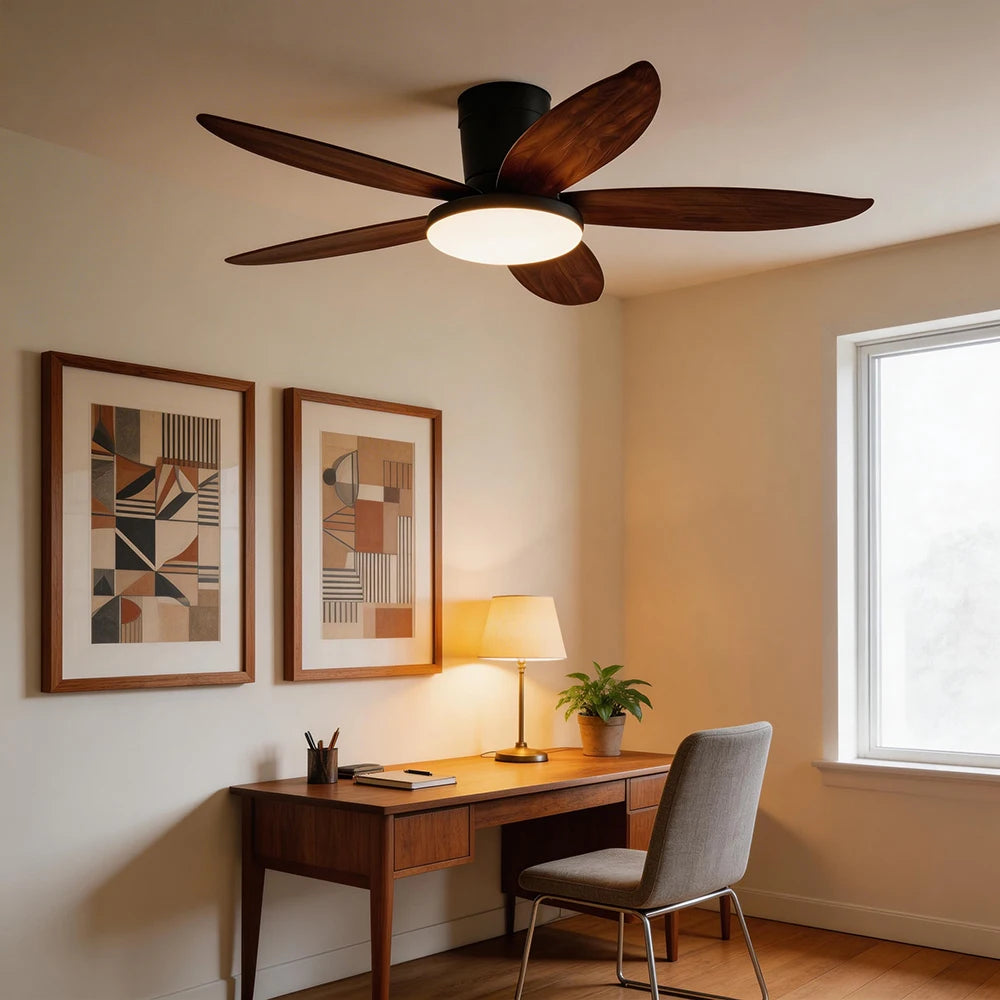 ventilateur moderne noir bois foncé simple silencieux led controle mural traditionnel garantie