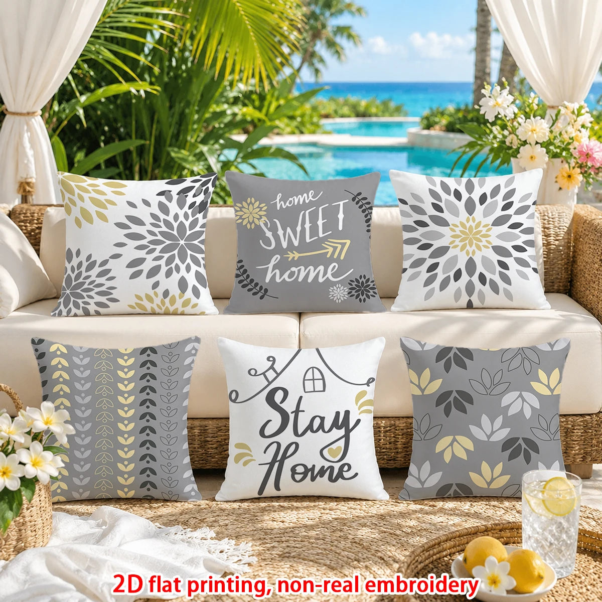 lot housses coussin décoratives gris jaune motif floral moderne canapé chambre