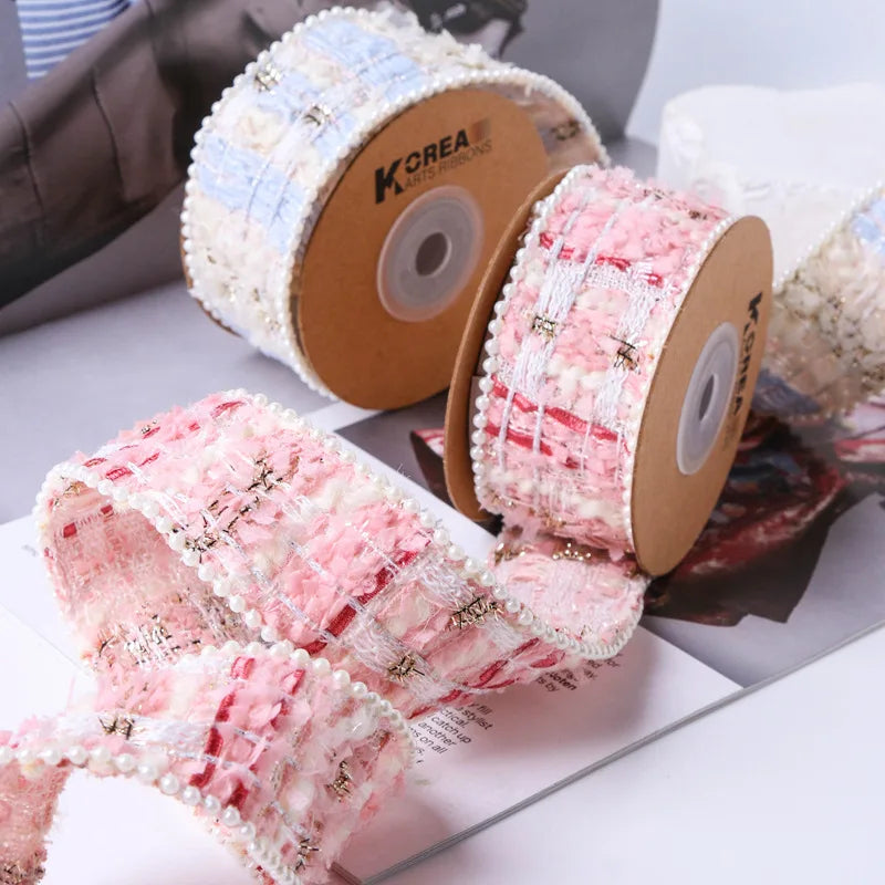 ruban polyester largeur 1.5 pouces motif géométrique fleuri vintage élégant dorées rose blanc bleu