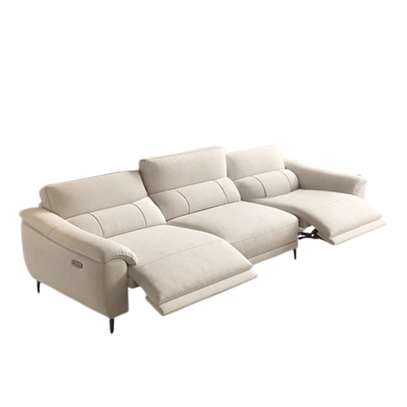 canapé d'angle moderne beige clair tissu confortable grand salon épuré coussins