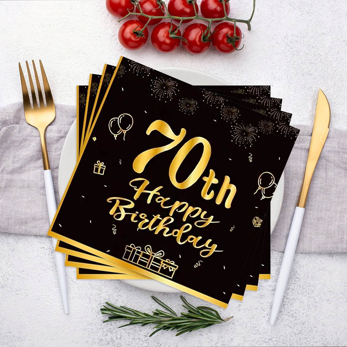 serviettes jetables anniversaire noires dorées ornementations élégantes fêtes confettis ballons cadeaux 20 pièces