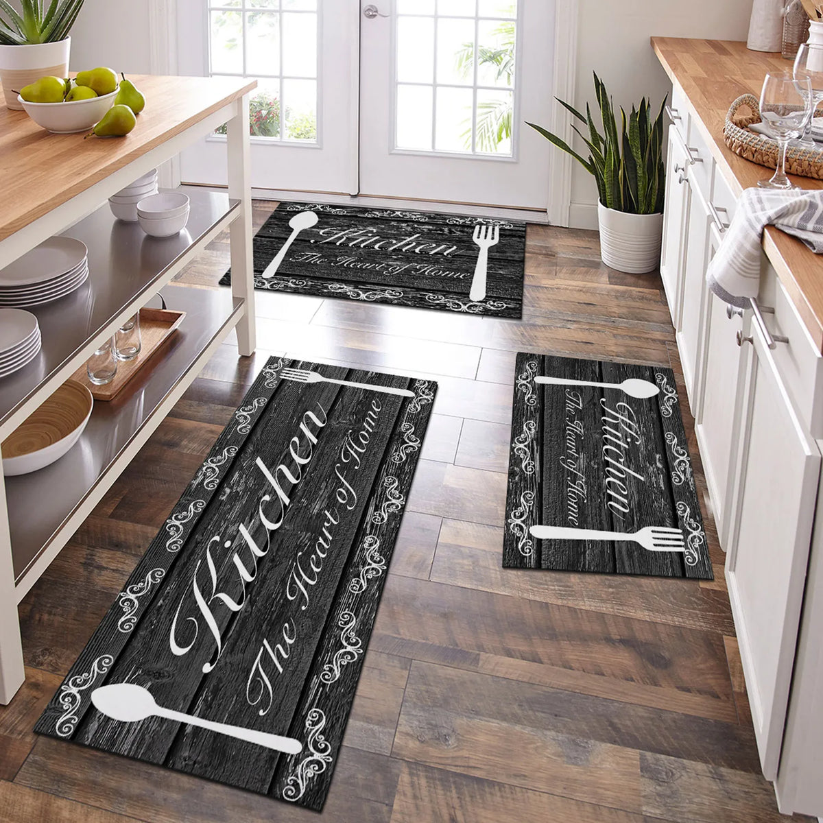 tapis cuisine antidérapant imperméable lettrage cuillères fourchettes texture bois moderne rustique