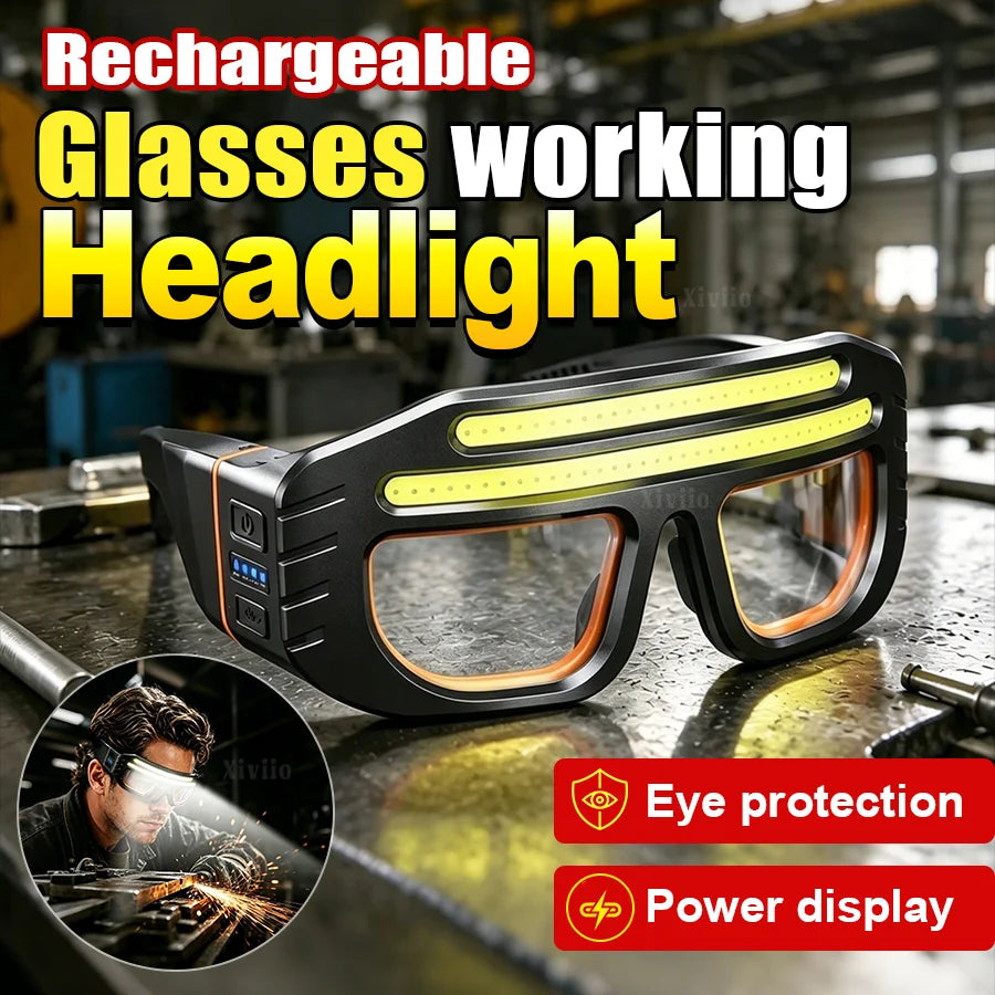 lunettes travail lampe frontale rechargeable noir orange jaune bandes lumineuses intégrées clip frontal sac