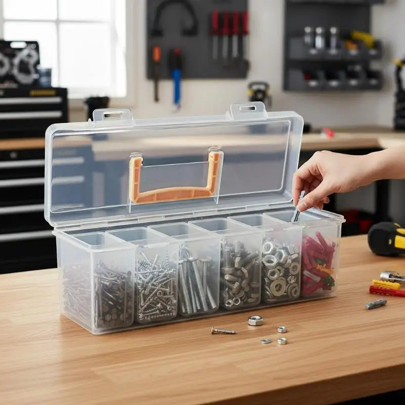 boîte rangement outils transparente compartiments vis ecrous tournevis utilitaire industrielle diverse accessoires