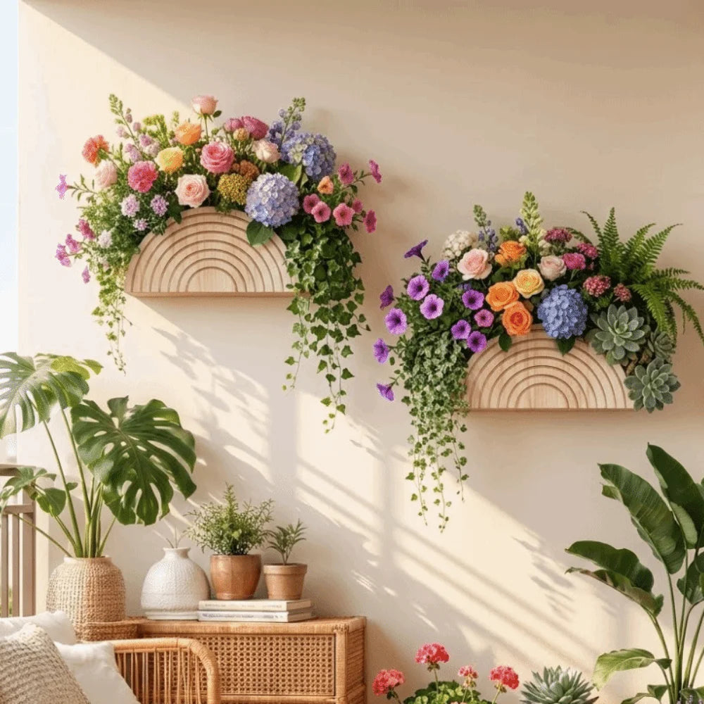support mural minimaliste demi cercle rayures circulaires bois naturel moderne jardinière murale sans fixation